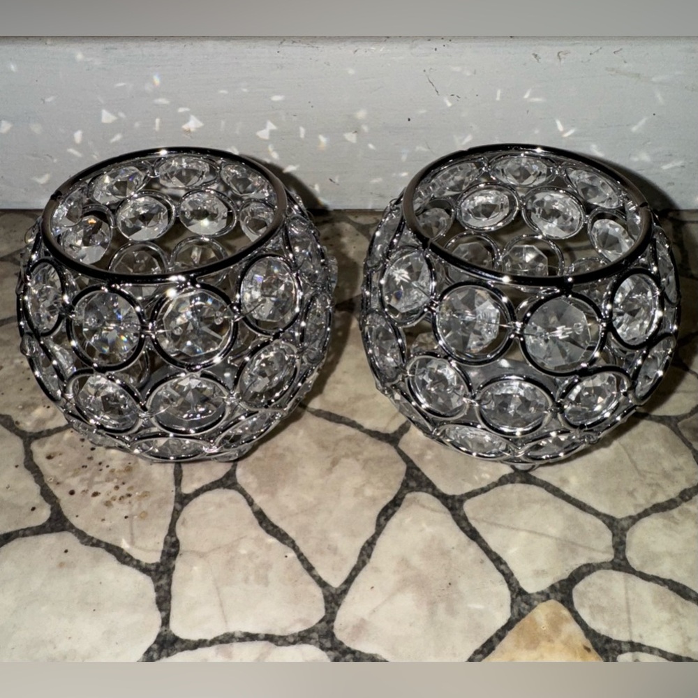 2 VINCIGANT Silver Crystal Votives Bowl Candle Holders Tealight Candle
